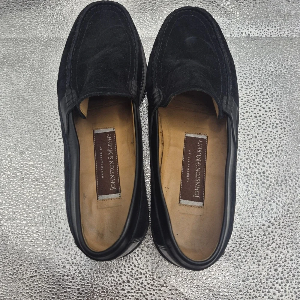 Johnston & Murphy Mens Black Suede Leather Trim Loafers Italy 8.5 M 15-8863